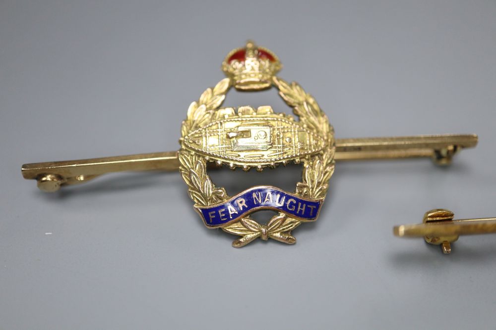 A 9ct gold, white metal and two colour enamel Royal Tank Regiment bar brooch, 47mm, gross 4.3 grams & 1 other.